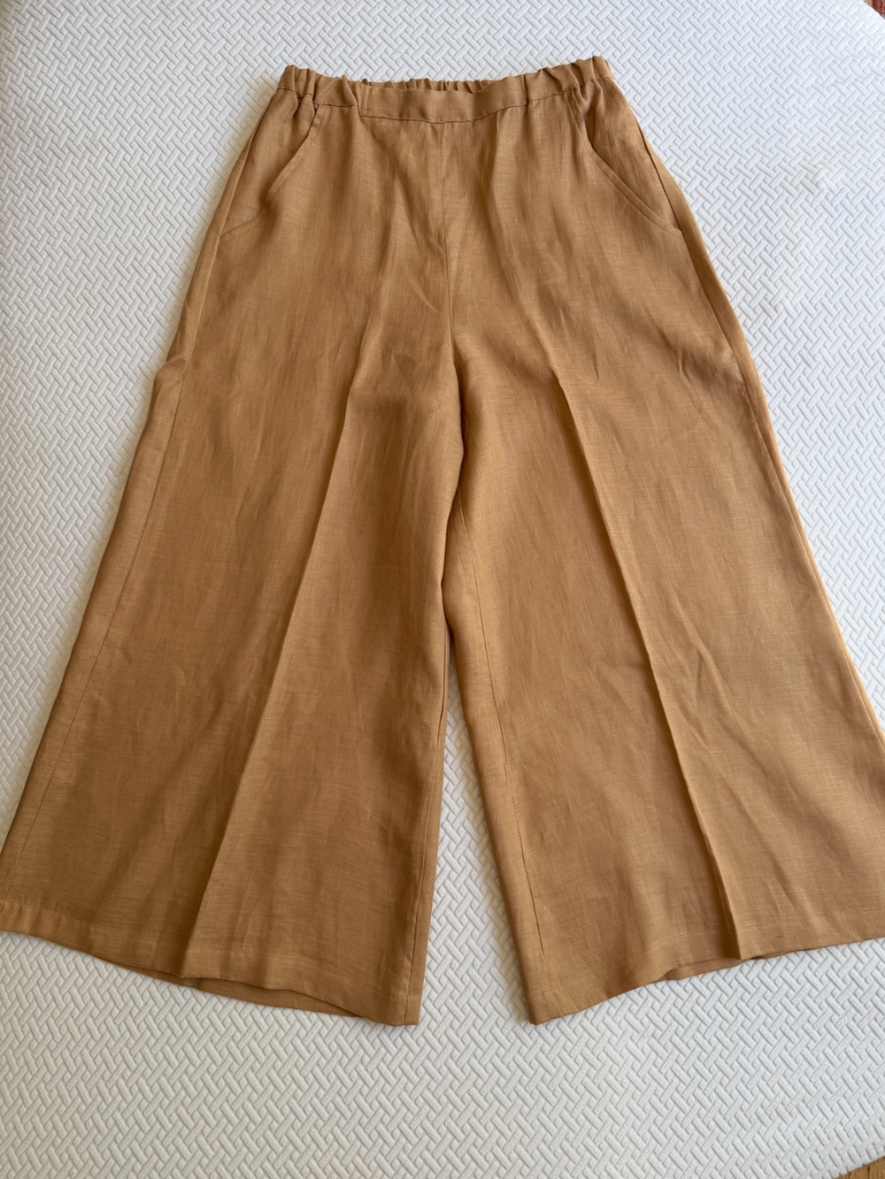Eleven Stitch Design  Linen Wide Leg Pants Pull On Elastic Waist Tan Women Sz L
